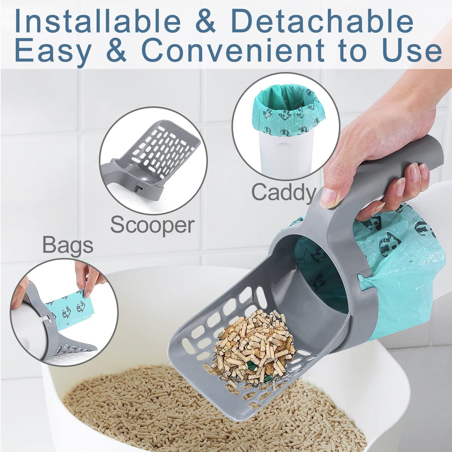 Cat Litter Scooper, Upgraded Cat Litter Shovel with Holder, Litter Tray Scoop Cat Scooper with Extra 135pcs Litter Waste Bags